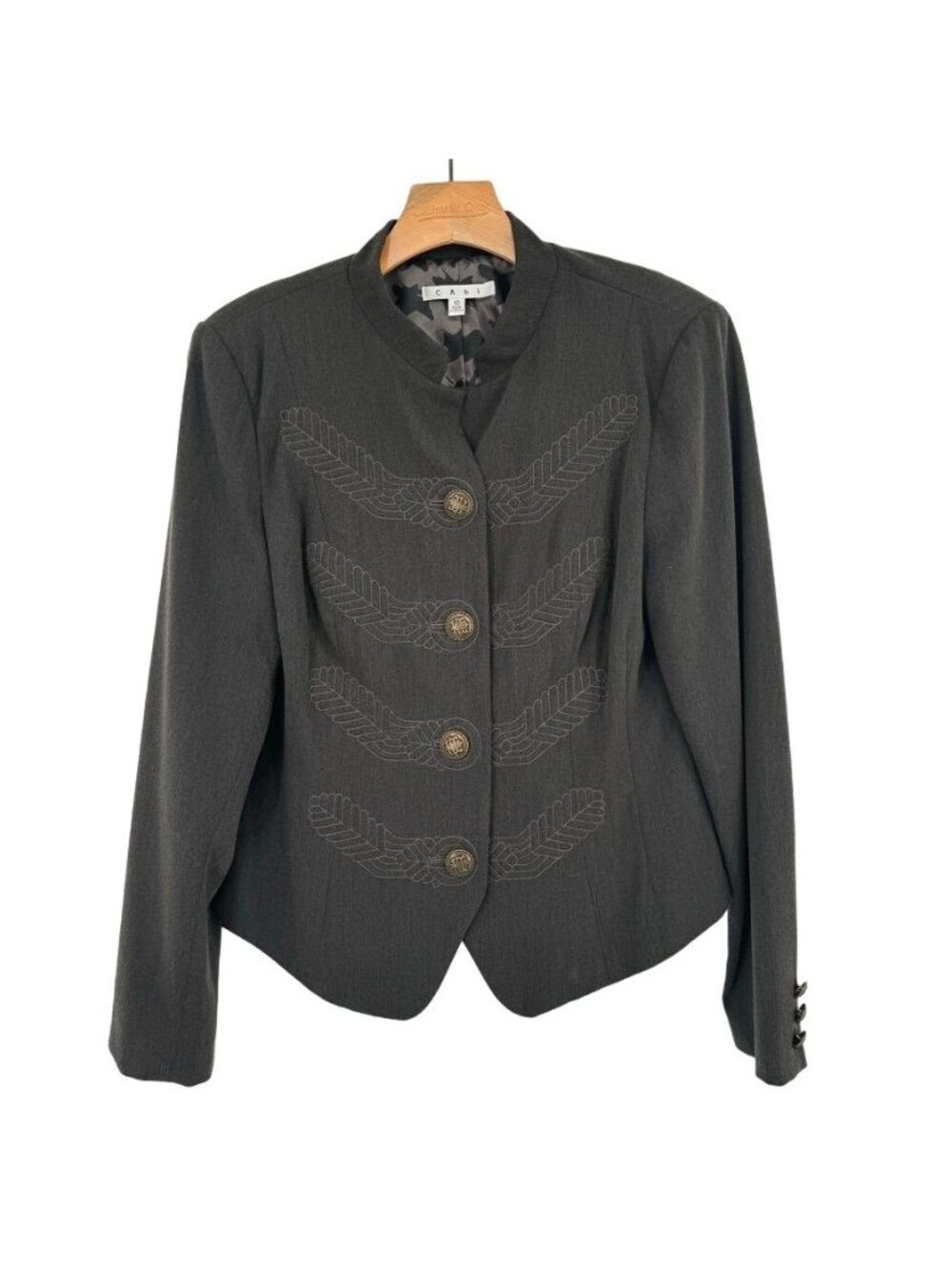 Cabi Womens Military Style Blazer Jacket Size 10 Gray Embroidered Buttons